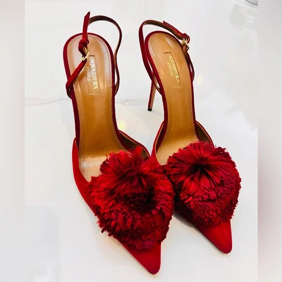 Aquazzura Red Pom Pom Heels - Picture 12 of 14